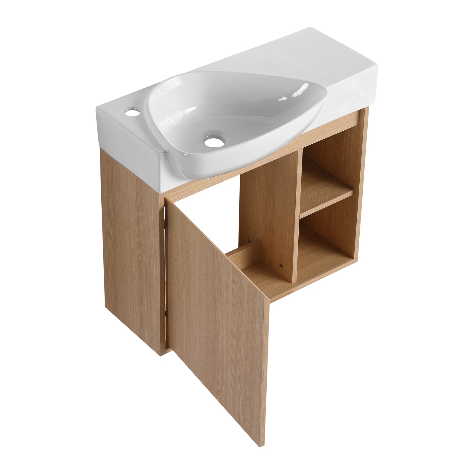 26in Plywood Wall-Mounted Bathroom Vanity W/ Ceramic Sink Basin Door Shelf Oak