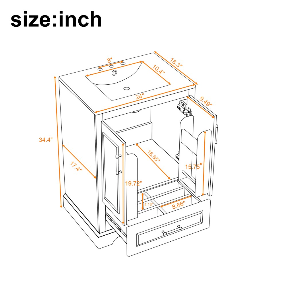 24″Bathroom Vanity with Sink, MDF Cabinet with Solid Wood Frame 1 Divided Drawer