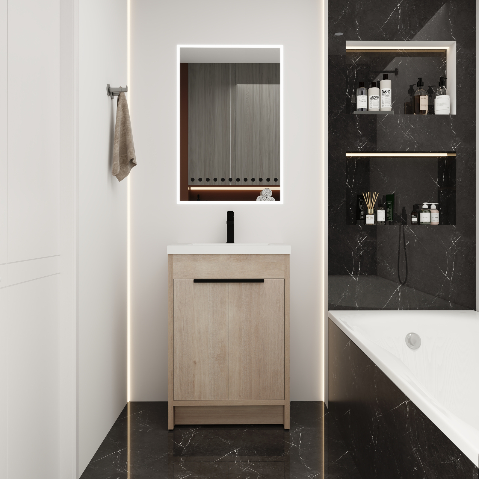 24″Free Standing Bathroom Vanity Cabinet W/Sink for Small Space Wooden Light Oak