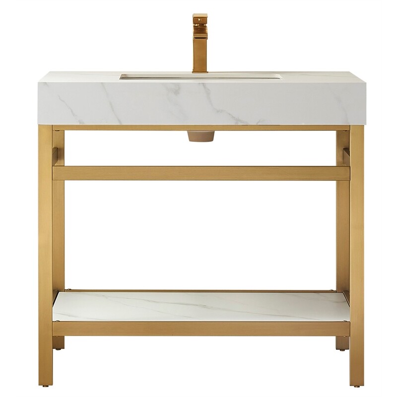 Funes 36″ Single Sink Bathroom Vanity in Brushed Gold Frame White Top No Mirror