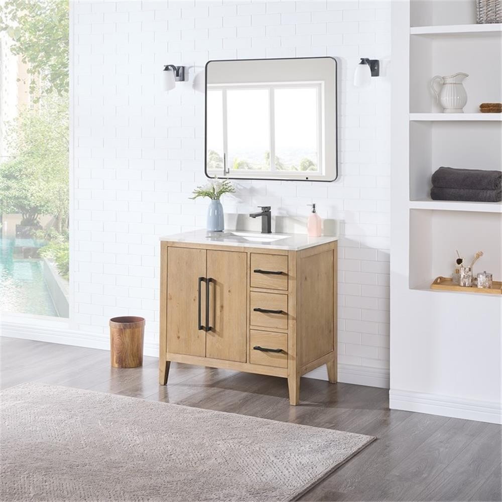 Laurel 36″ Wood Vanity in Weathered Fir Calacatta White Quartz Top with Mirror