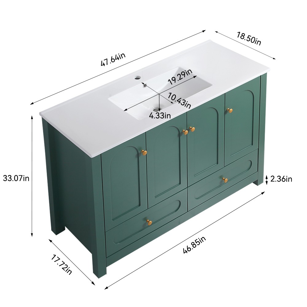 48″ Bathroom Vanity w/ Ceramic Sink – 4 Soft Close Door 2 Drawer Storage Cabinet