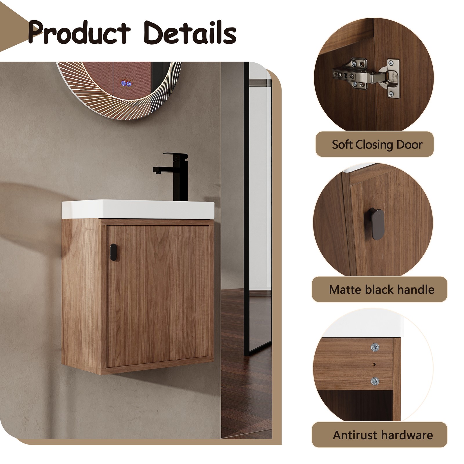 18.5″ Walnut Wall Mounted Floating Bathroom Vanity W/ Door Storage W/ Resin Sink