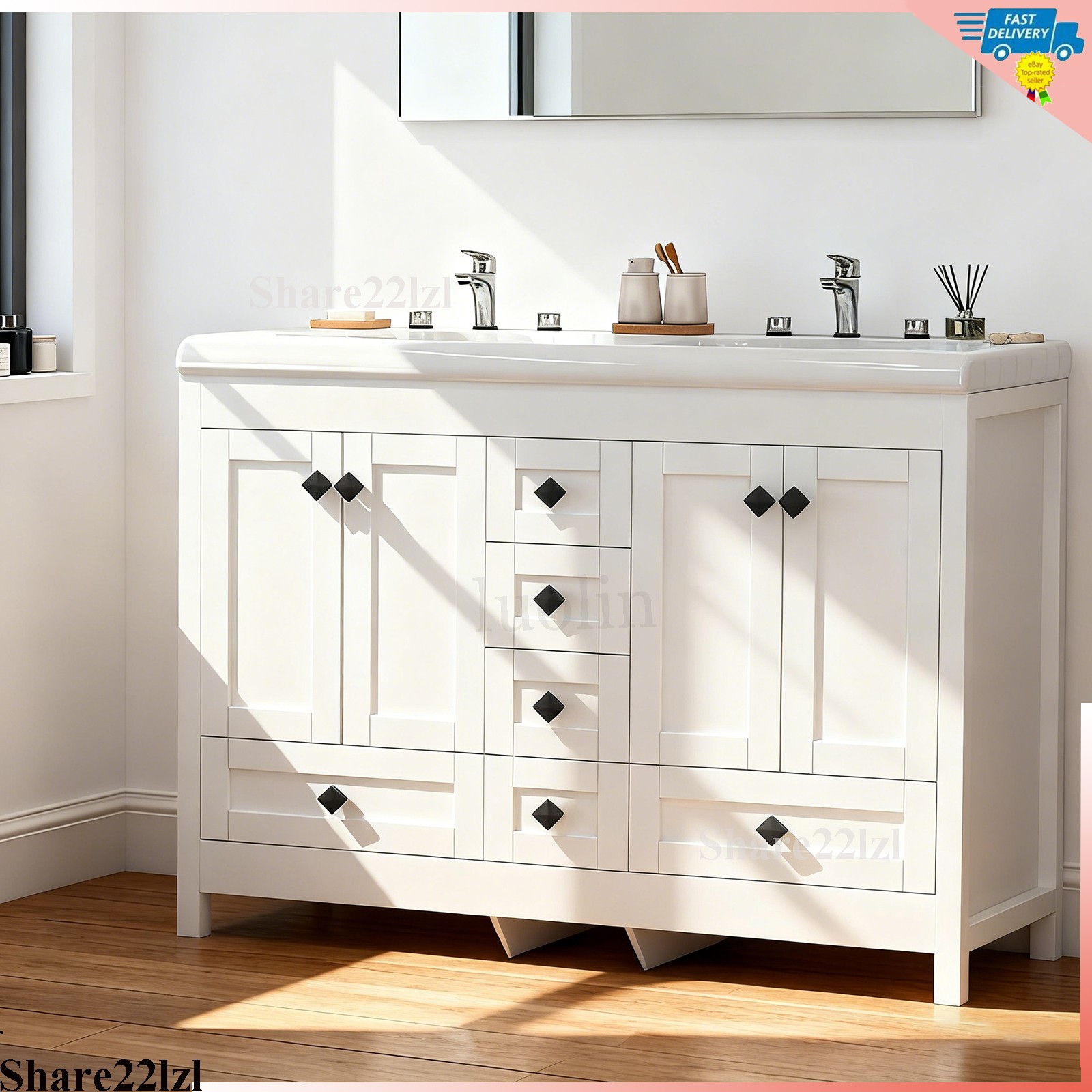 47″ Bathroom Vanity Double Sink Ceramic Freestanding Cabinet 5 Drawers,White