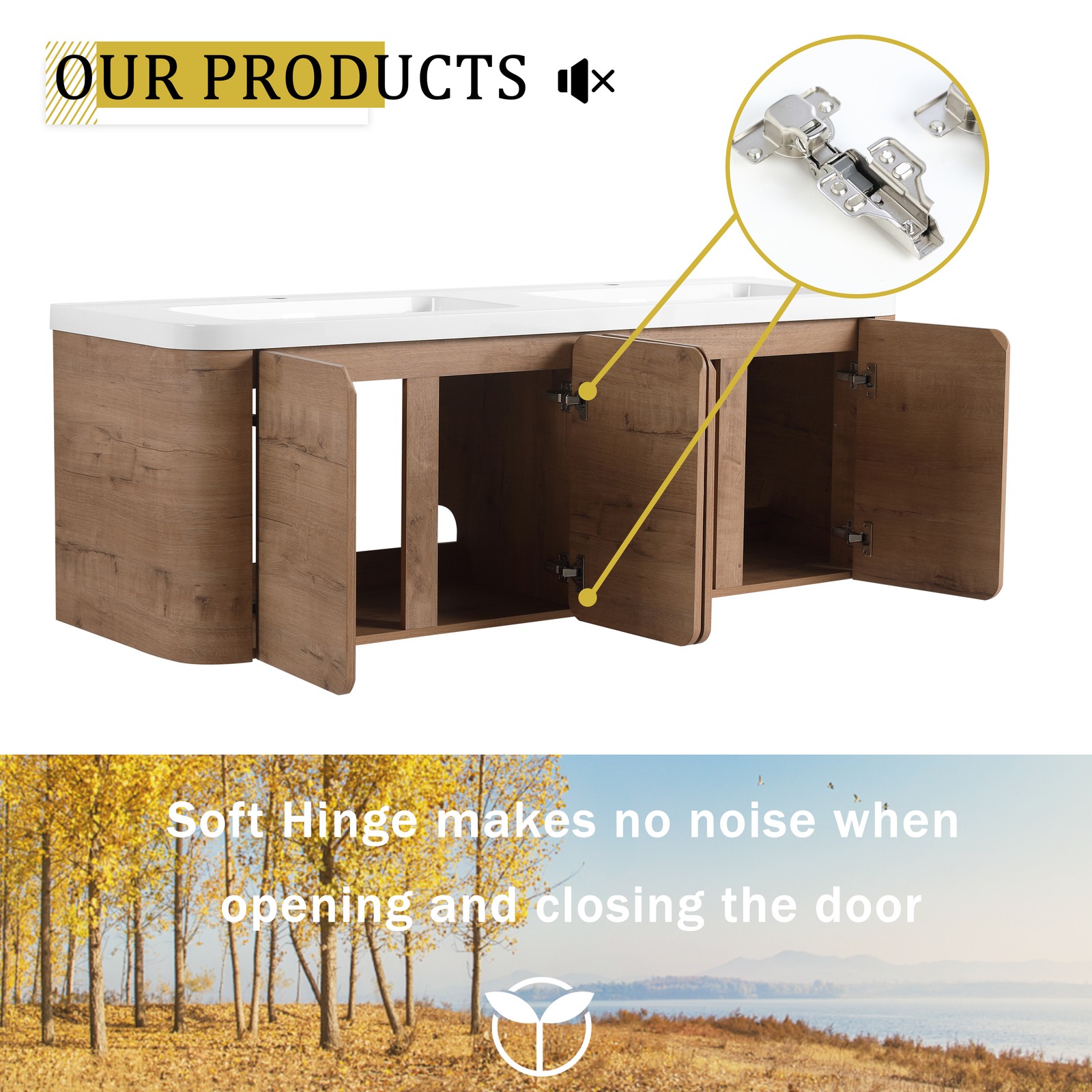 60″ Plywood Floating Wall-Mounted Bathroom Vanity With Double Resin Sink 4 Doors