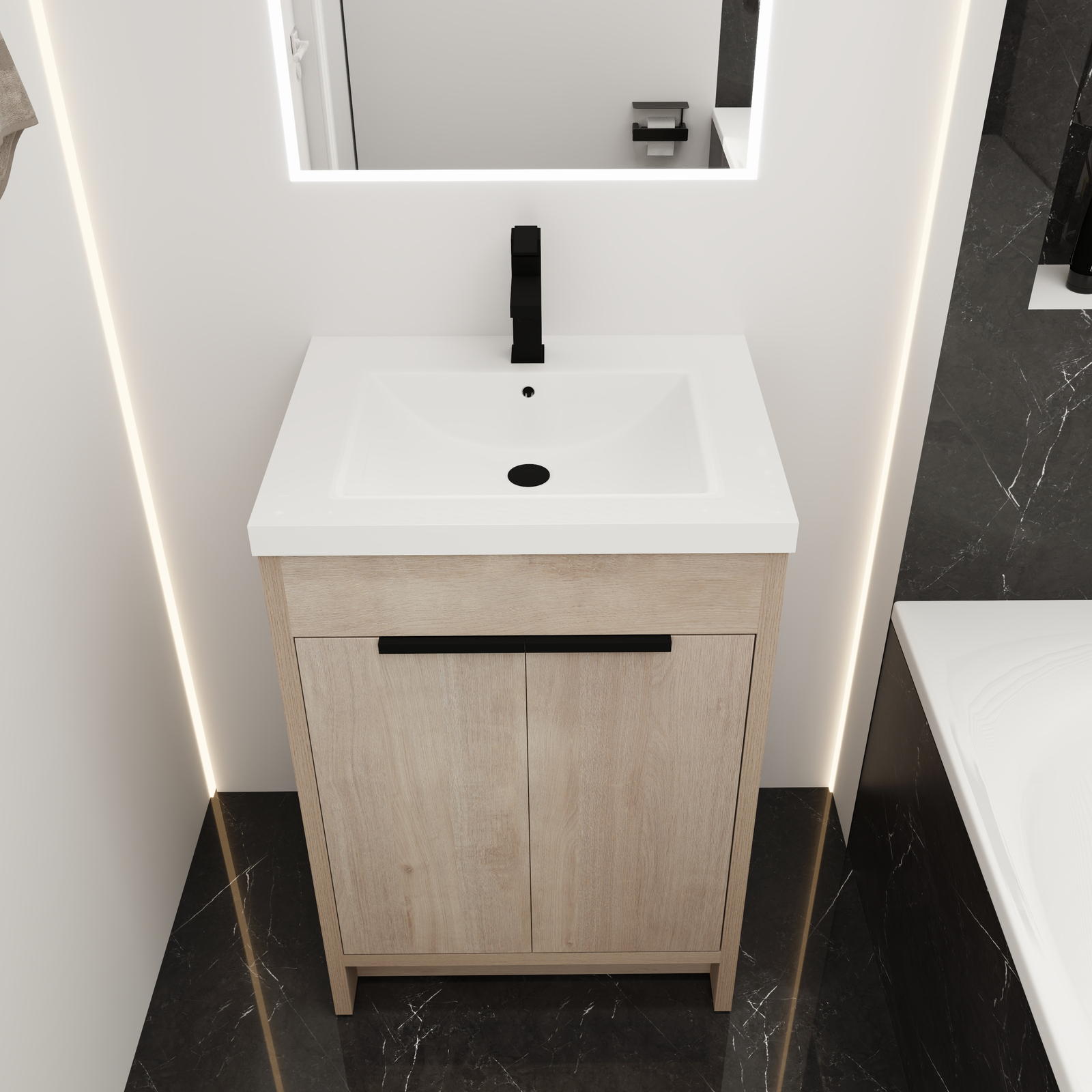 24″Free Standing Bathroom Vanity Cabinet W/Sink for Small Space Wooden Light Oak
