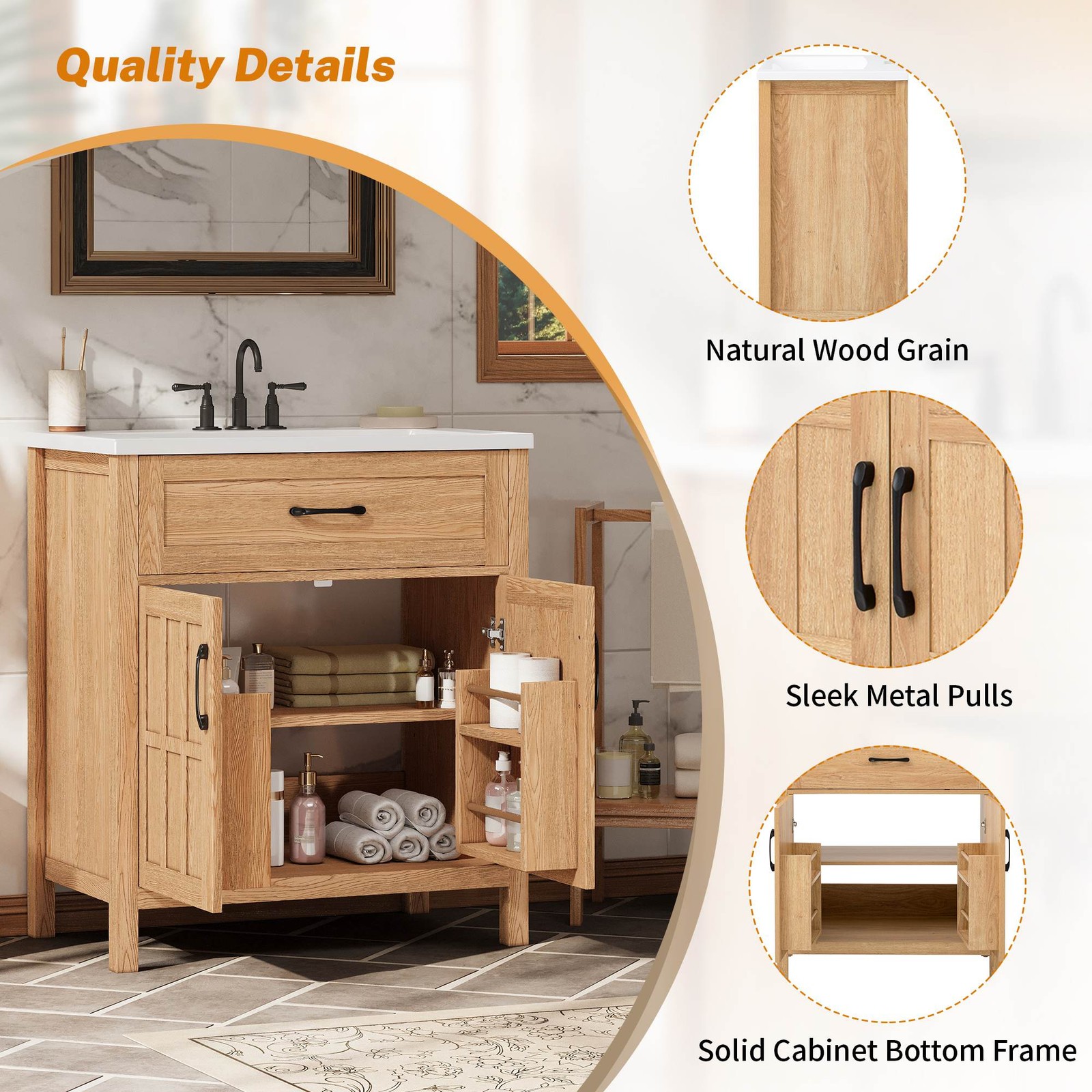 FUNIDEE 30″ Bathroom Vanity with Resin Sink Storage Cabinet w/ Adjustable Shelf