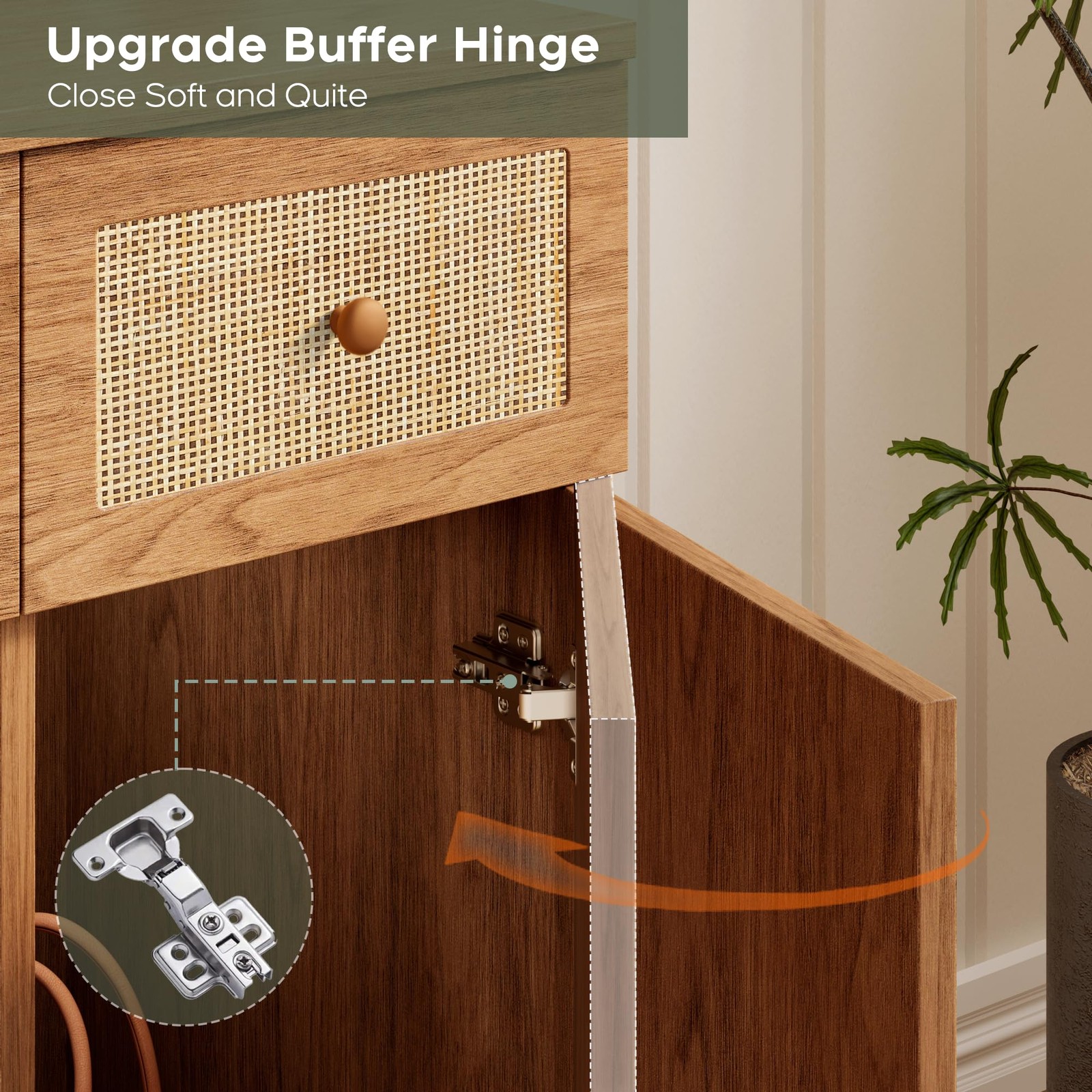 43″ Boho Vanity Desk w/ LED Mirror & Power Strip Rattan Drawers Shelves Cabinet