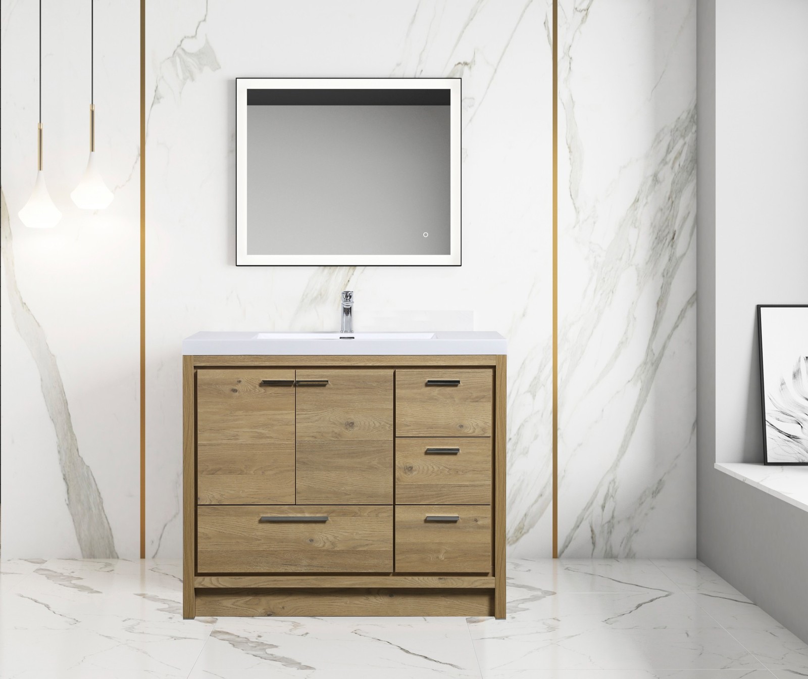 Alma Allier 42″ Natural Wood Finish With Integrated Sink / Right Side Drawers