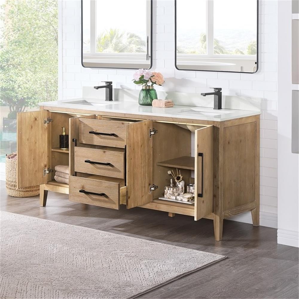 Laurel 72″ Wood Vanity in Weathered Fir Calacatta White Quartz Top no Mirror