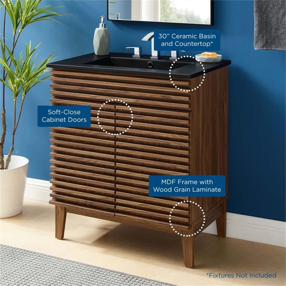 Modway Render 30″ Modern Wood/Ceramic Bathroom Vanity in Walnut/Black