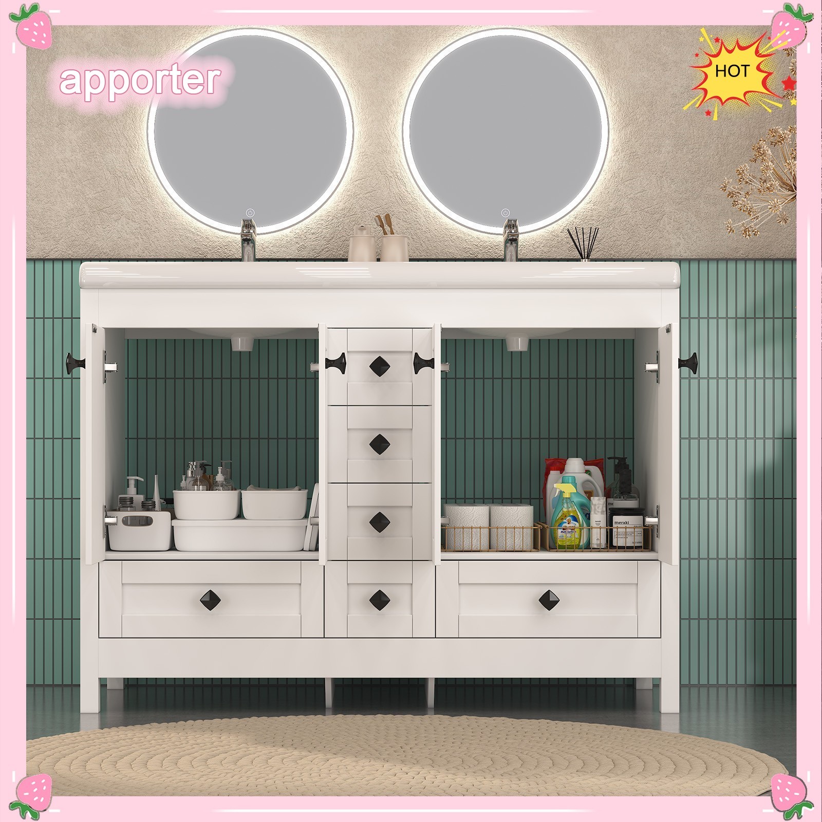 47in White Bathroom Vanity Double Sink Ceramic Freestanding Cabinet 5 Drawers US