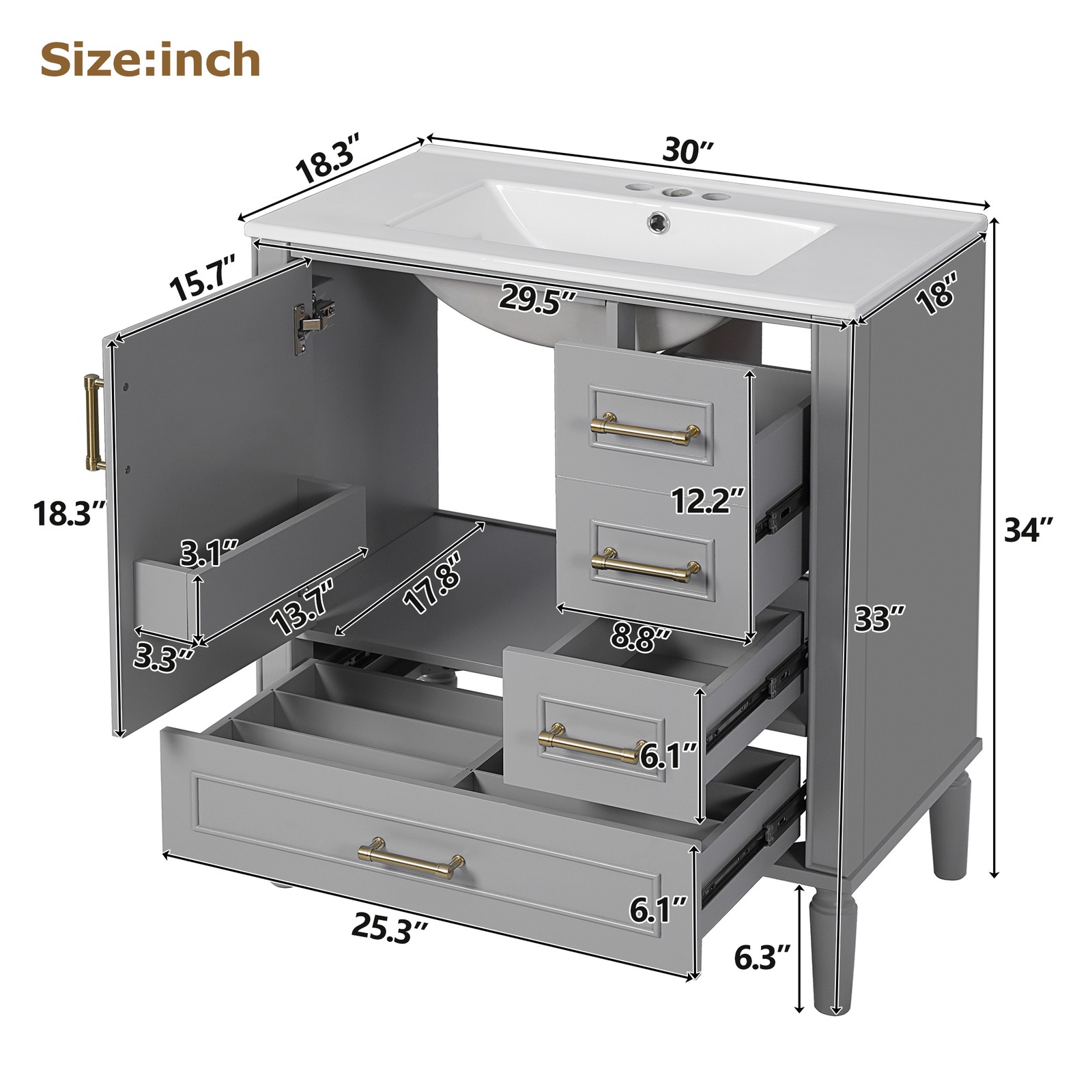 30″ Bathroom Vanity Set Floor Standing Bathroom Storage Cabinet w/Three Drawers