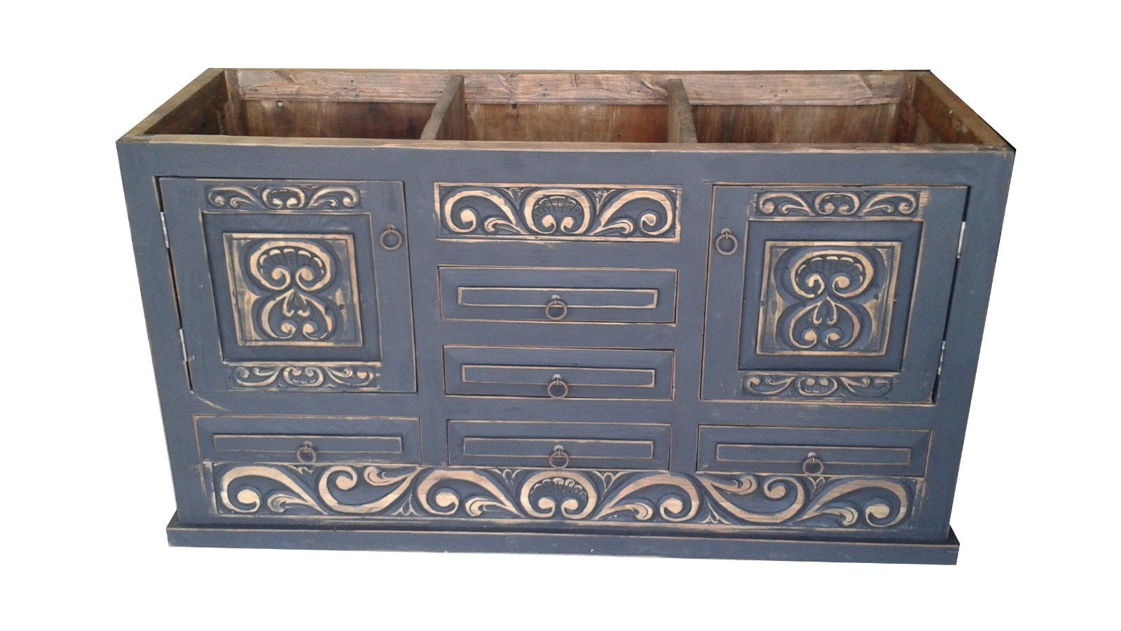 Shipwreck Rustic Gray Carved Wood Bathroom Vanity 60″ wide