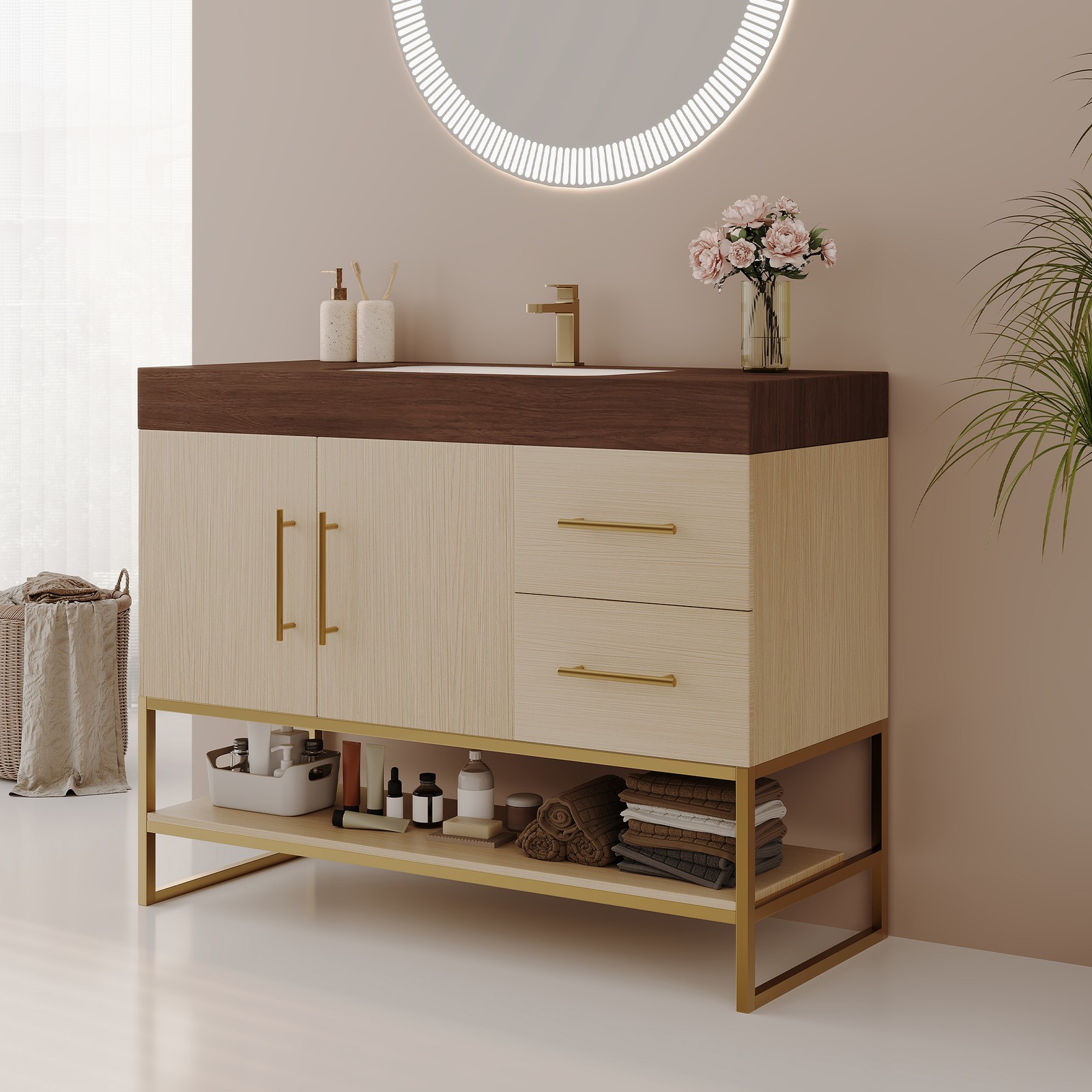 36″ Free-Standing Bathroom Vanity w/Seamless Ceramic Sink & Sintered Stone Top
