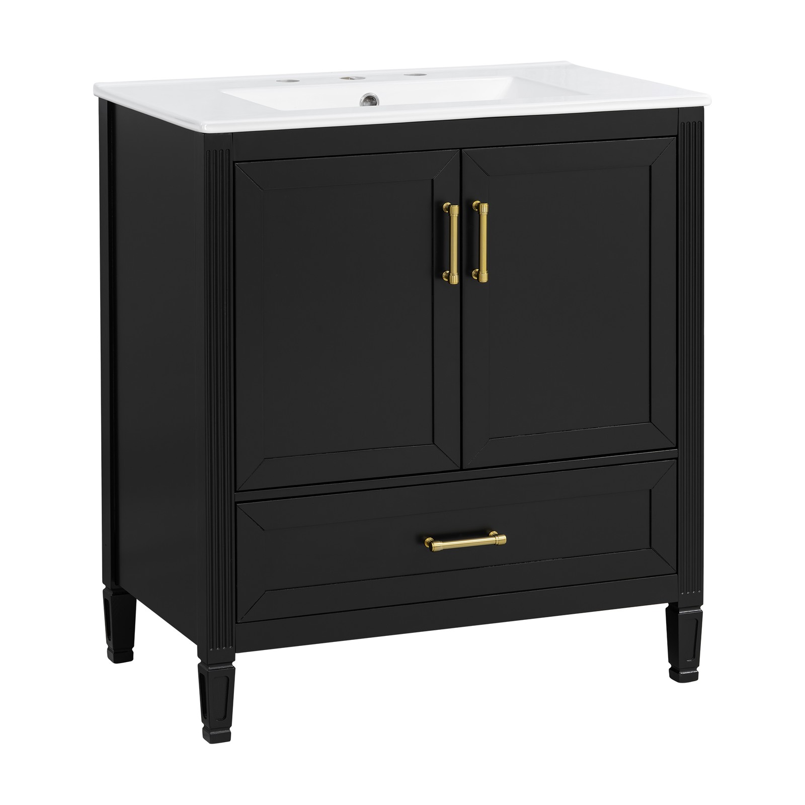 30 Inch Black Fluted Bathroom Vanity with Ceramic Sink, Soft-Close