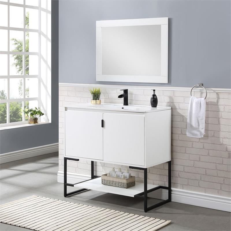 Manhattan Comfort Scarsdale 36″ Metal Bathroom Vanity Sink in White/Black