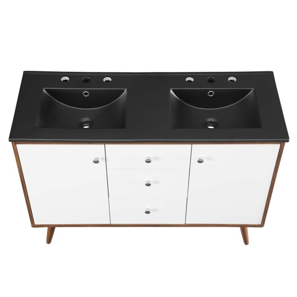 Pemberly Row 47.5″ Modern Wood Double Sink Bathroom Vanity in Walnut/White