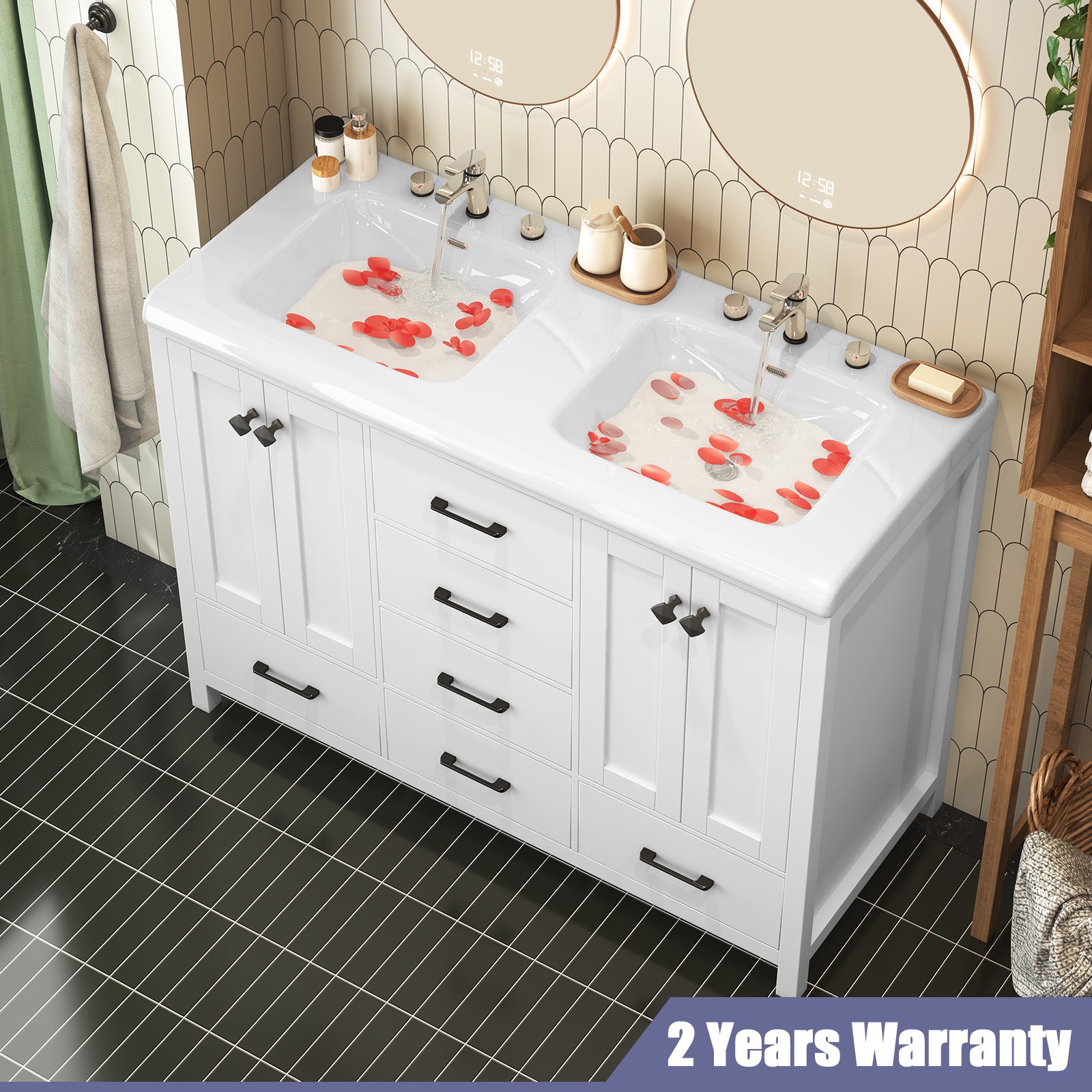 47.3″ Bathroom Vanity Freestanding Double-Basin Ceramic Sink Cabinet Wash Basin