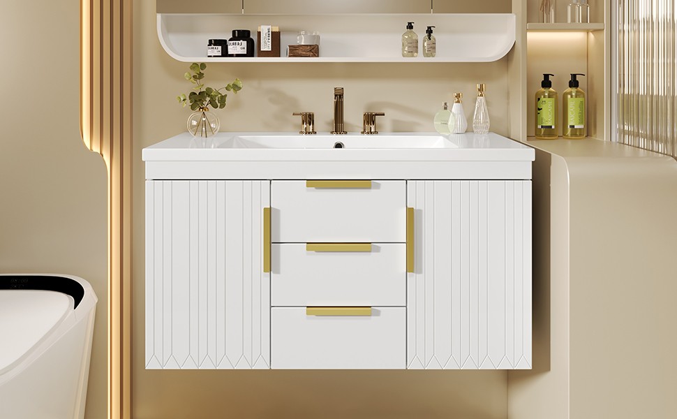 36″ Floating Bathroom Vanity Cabinet with 2 Drawers, Solid Wood, White