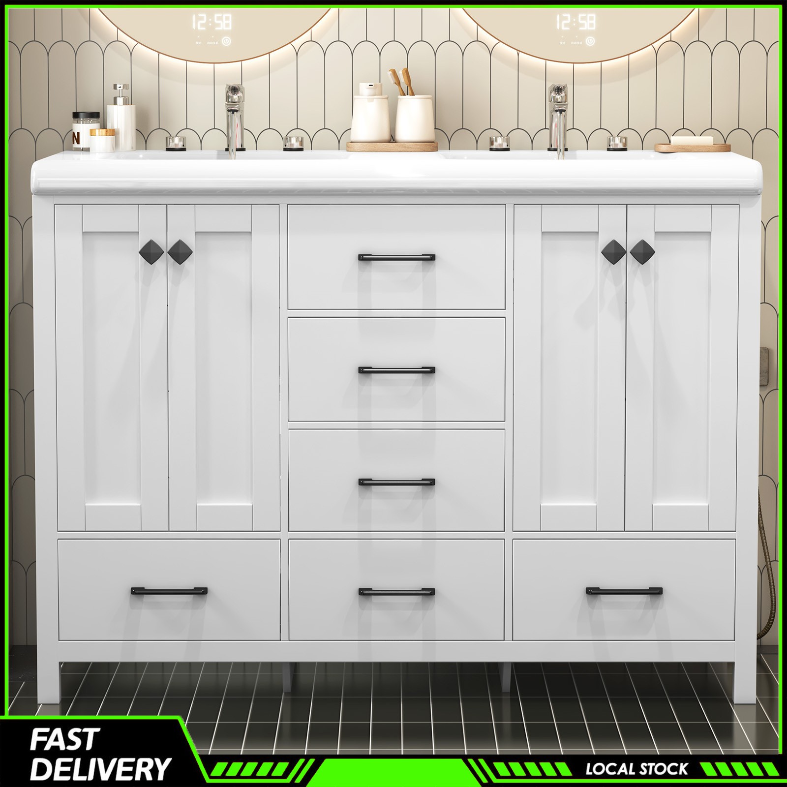 47.3 Inch Bathroom Vanity with Storage Double Ceramic Sinks Freestanding Cabinet