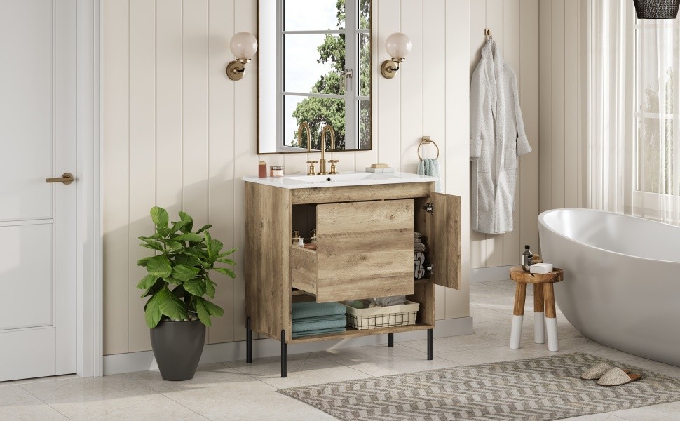 30″ Modern Wood Bathroom Vanity w/Ceramic Sink Bathroom Storage Cabinet，Drawer