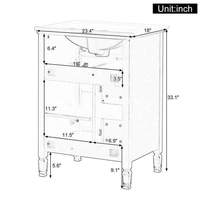 24-In Modern Bathroom Vanity with Ceramic Sink,Black Wood Cabinet with 3 Drawers