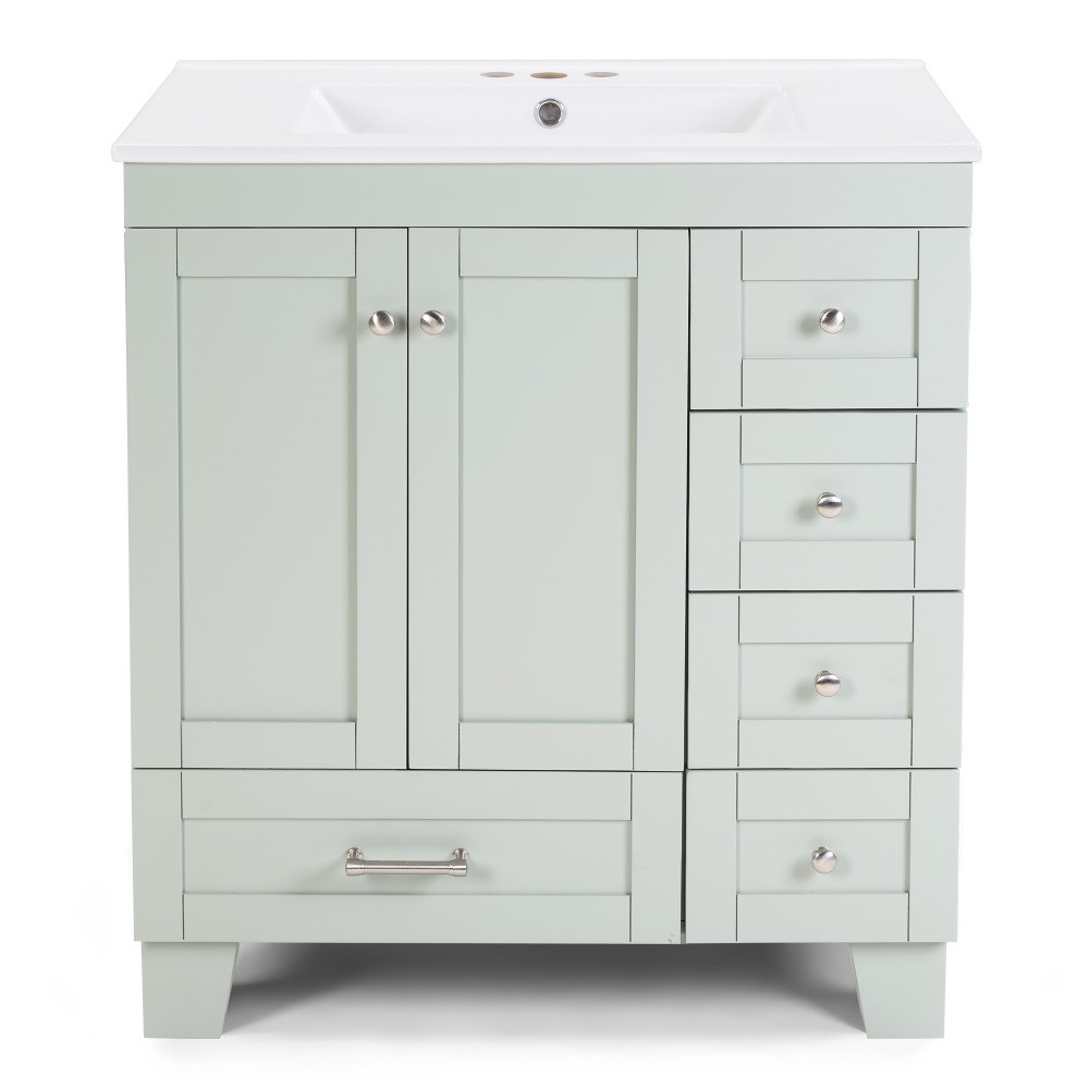 30″ Blue Grey Bathroom Vanity with Ceramic Sink – Soft-Close Drawers
