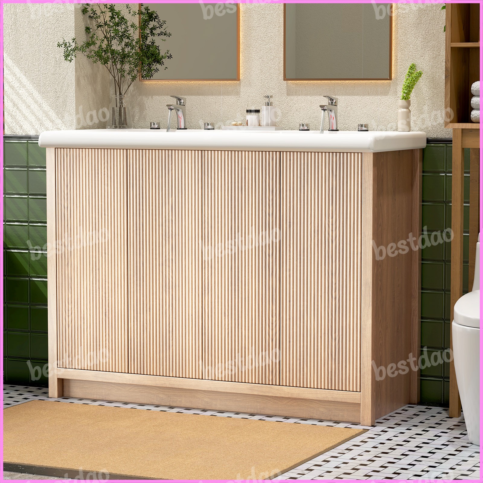 47″ Double Sink Bathroom Vanity Wood Grain Modern 2 Basin Storage Cabinet