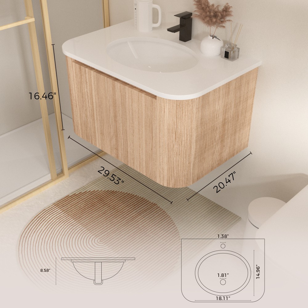 24 Inch Wall Mounted Bathroom Vanity with Sink Curved Design Wave Texture