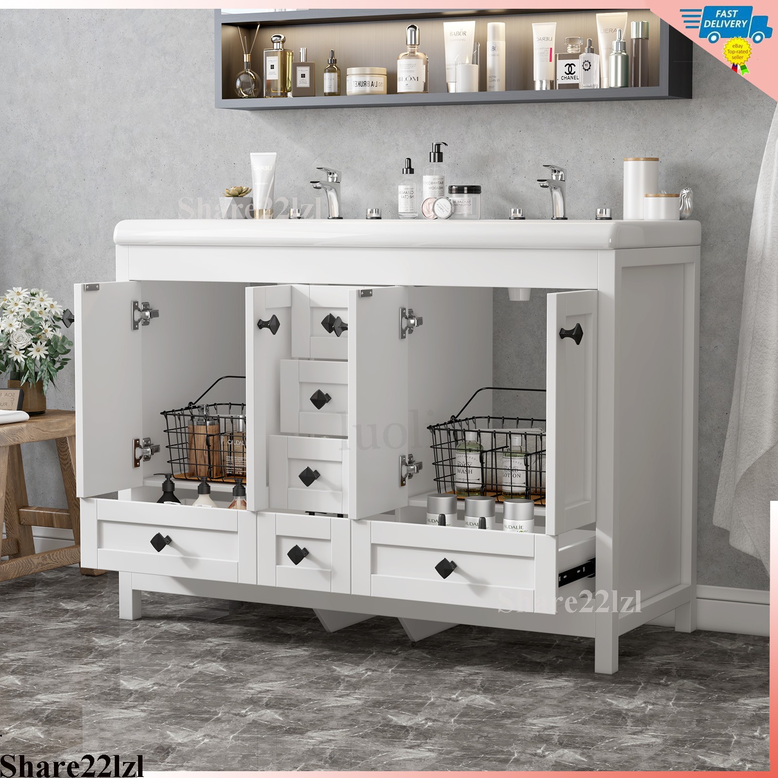 White 47inch Bathroom Vanity Bathroom Storage Cabinet with Double Ceramic Sink