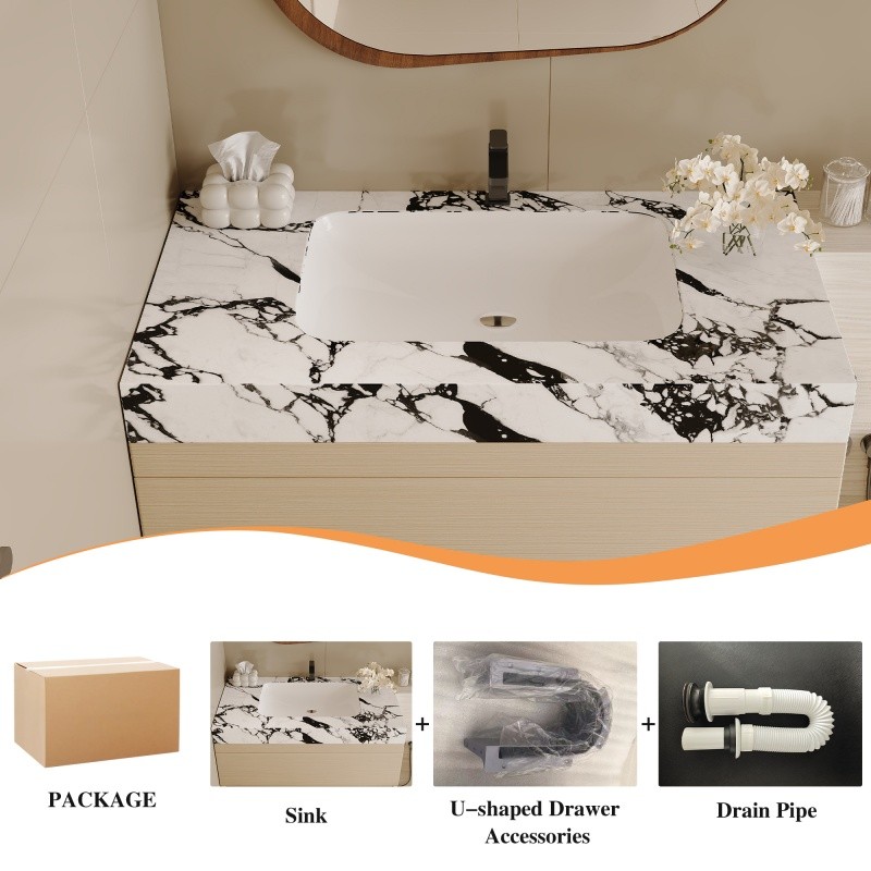 29.9″ Modern Floating Bathroom Vanity with Faux Marble Top and Ceramic Sink