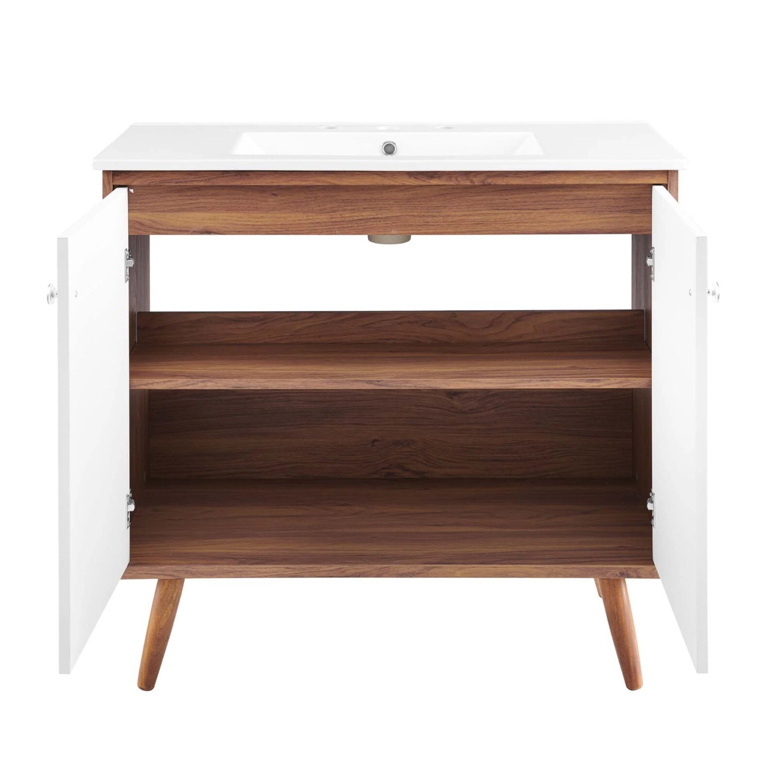 White Mid Century Modern Walnut Bathroom Vanity Ceramic Sink Single Double
