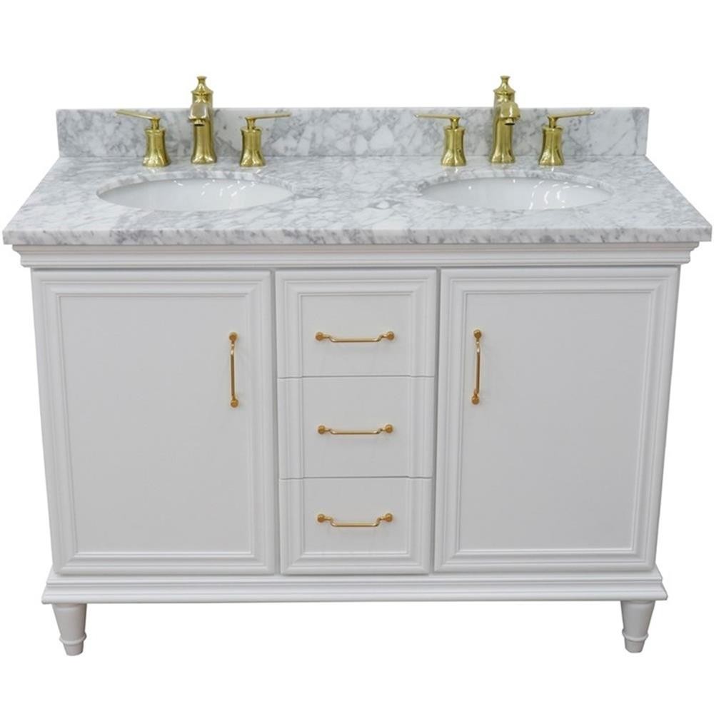 49 in. Double Wooden Vanity White with White Carrara Oval Sink