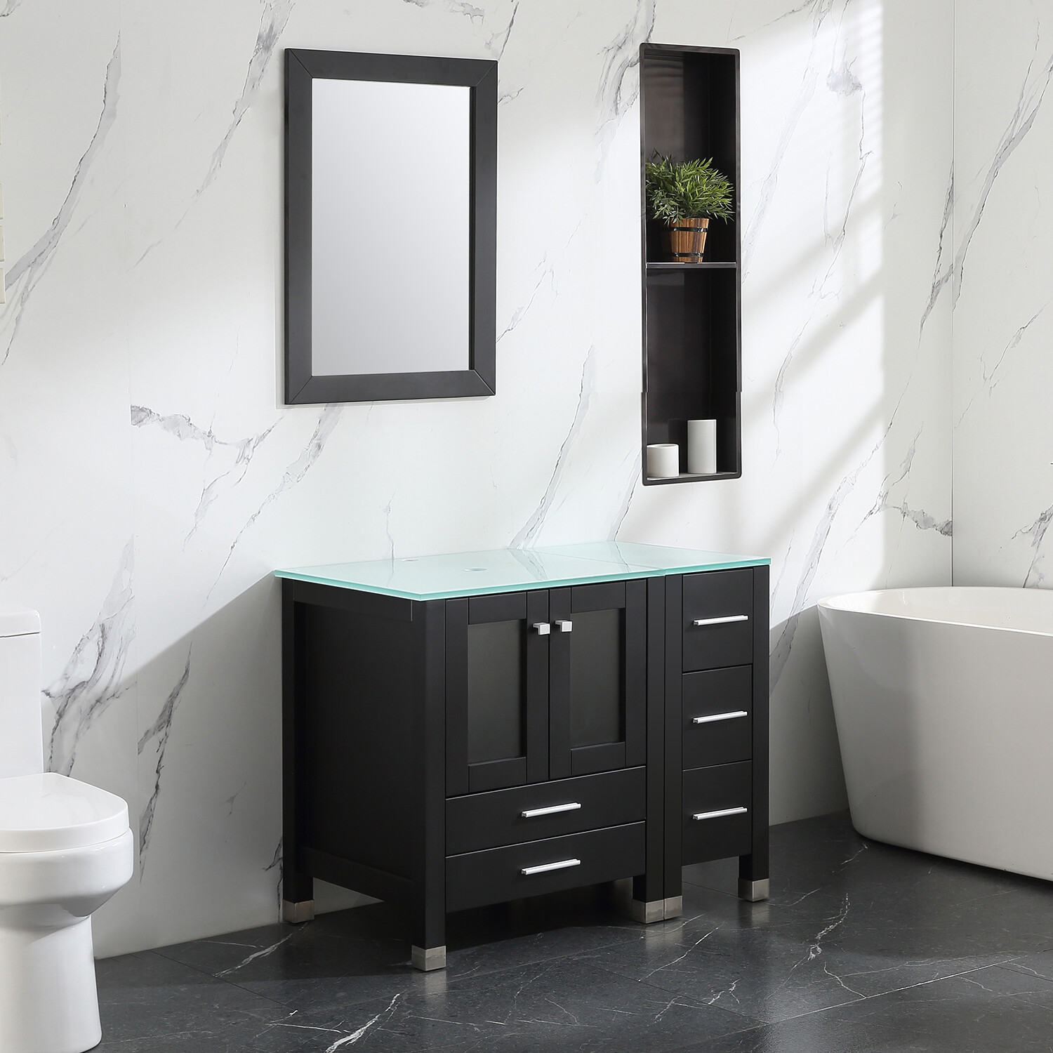 36″ Bathroom Vanity Cabinet & Tempered Glass Vessel Sink Bowl Faucet Drain Combo