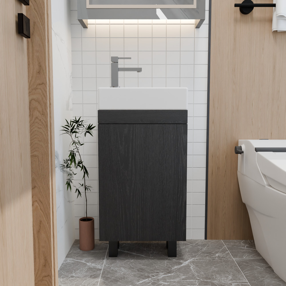 16″ Freestanding Bathroom Vanity with Sink for Small Spaces, Soft-Close