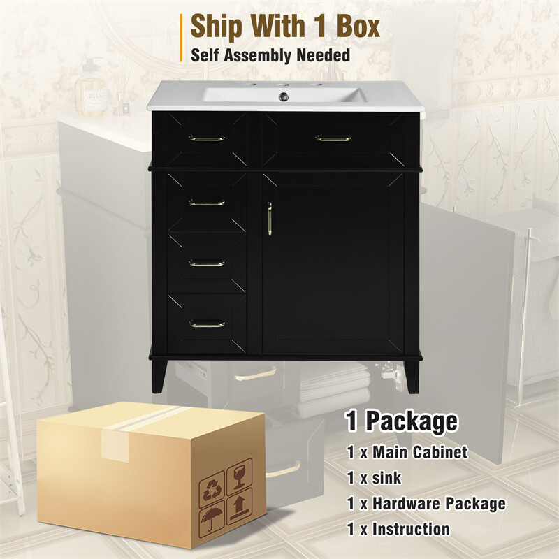 30″ Black Bathroom Vanity with Ceramic Sink,Adjustable Shelf & 3 Storage Drawer