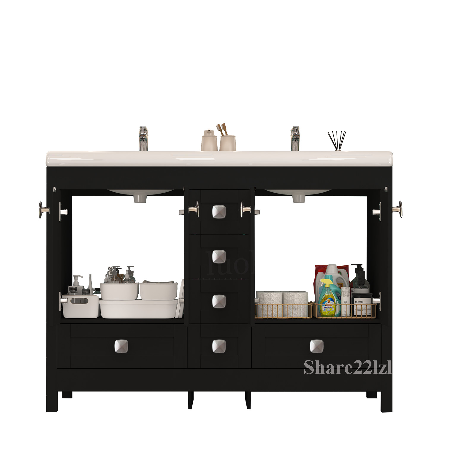 47″ Bathroom Vanity Freestanding Cabinet Double Sink Ceramic 5 Drawers,Black