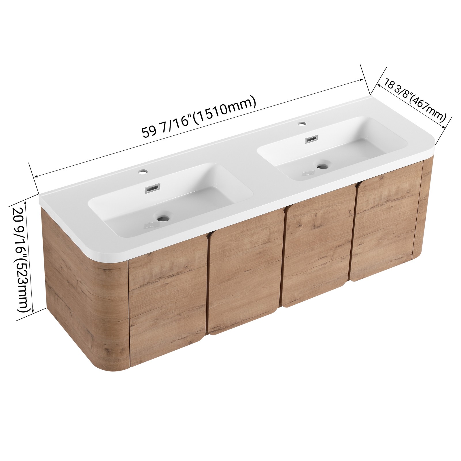 60″ Plywood Floating Wall-Mounted Bathroom Vanity With Double Resin Sink 4 Doors