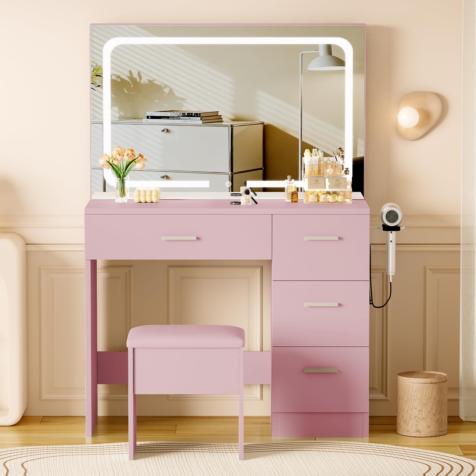 Vanity Set with Mirror Power Outlet Vanity Table Bedroom Pink