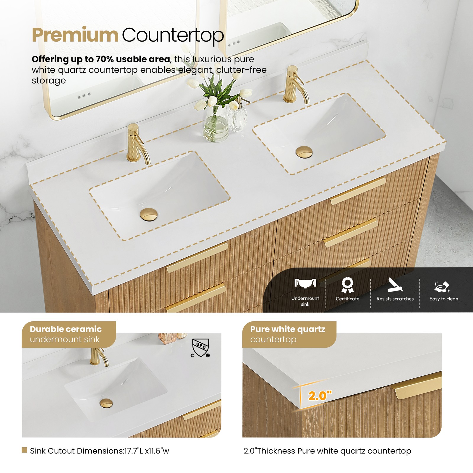 Santarem 60″ Double Bath Vanity in Washed Ash Grey with White Quartz Stone Top