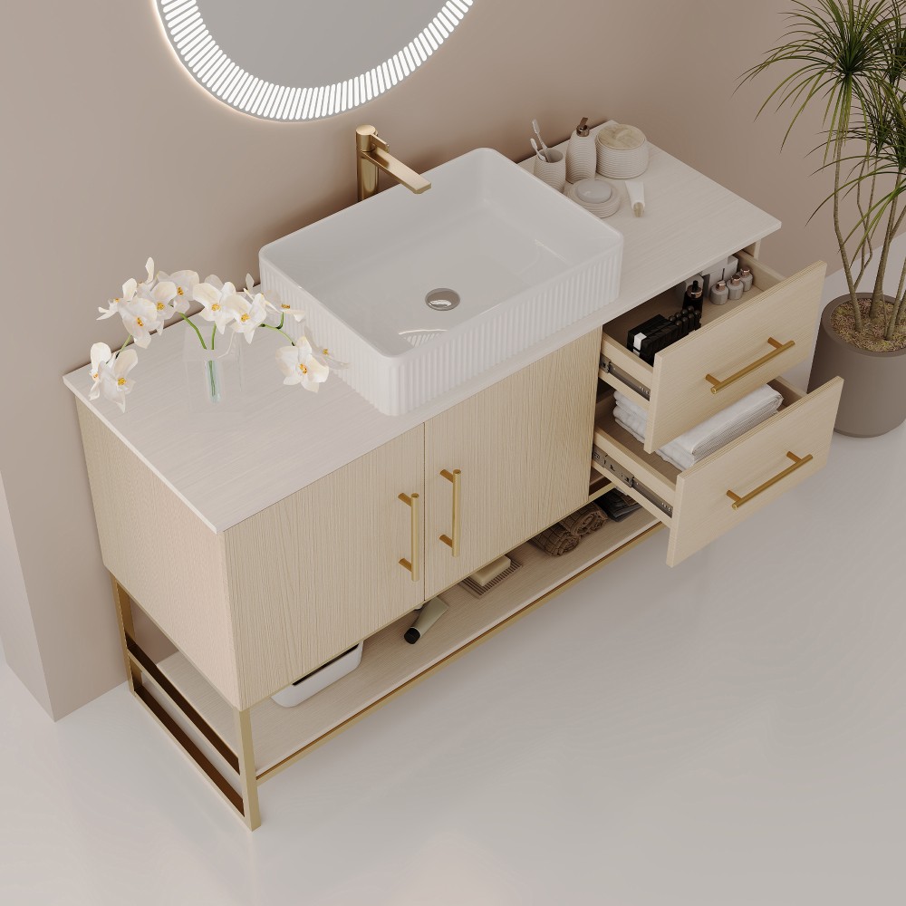 36″ Modern Bathroom Vanity Ceramic Vessel Sink Gold Accent Free Standing Cabinet