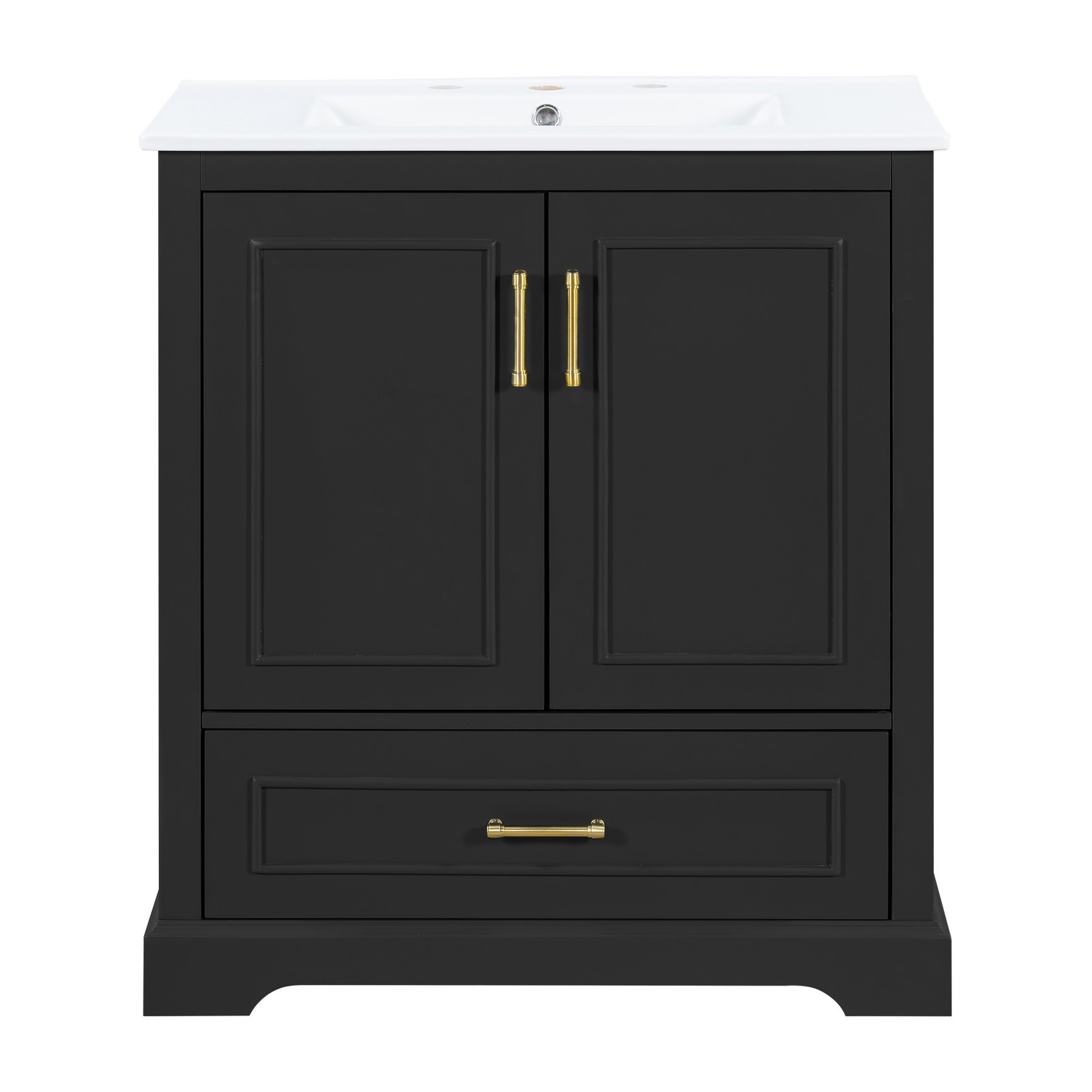 30″ Bathroom Vanity w/ Sink, Black, Soft-Close Doors & Drawer, Solid Wood+MDF