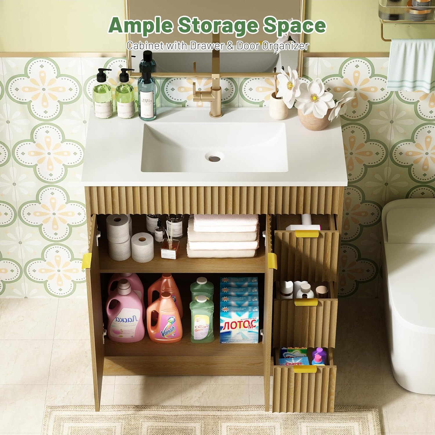 36 Inch Bathroom Vanity with Sink, Modern Fluted Bathroom Vanity with Sink with