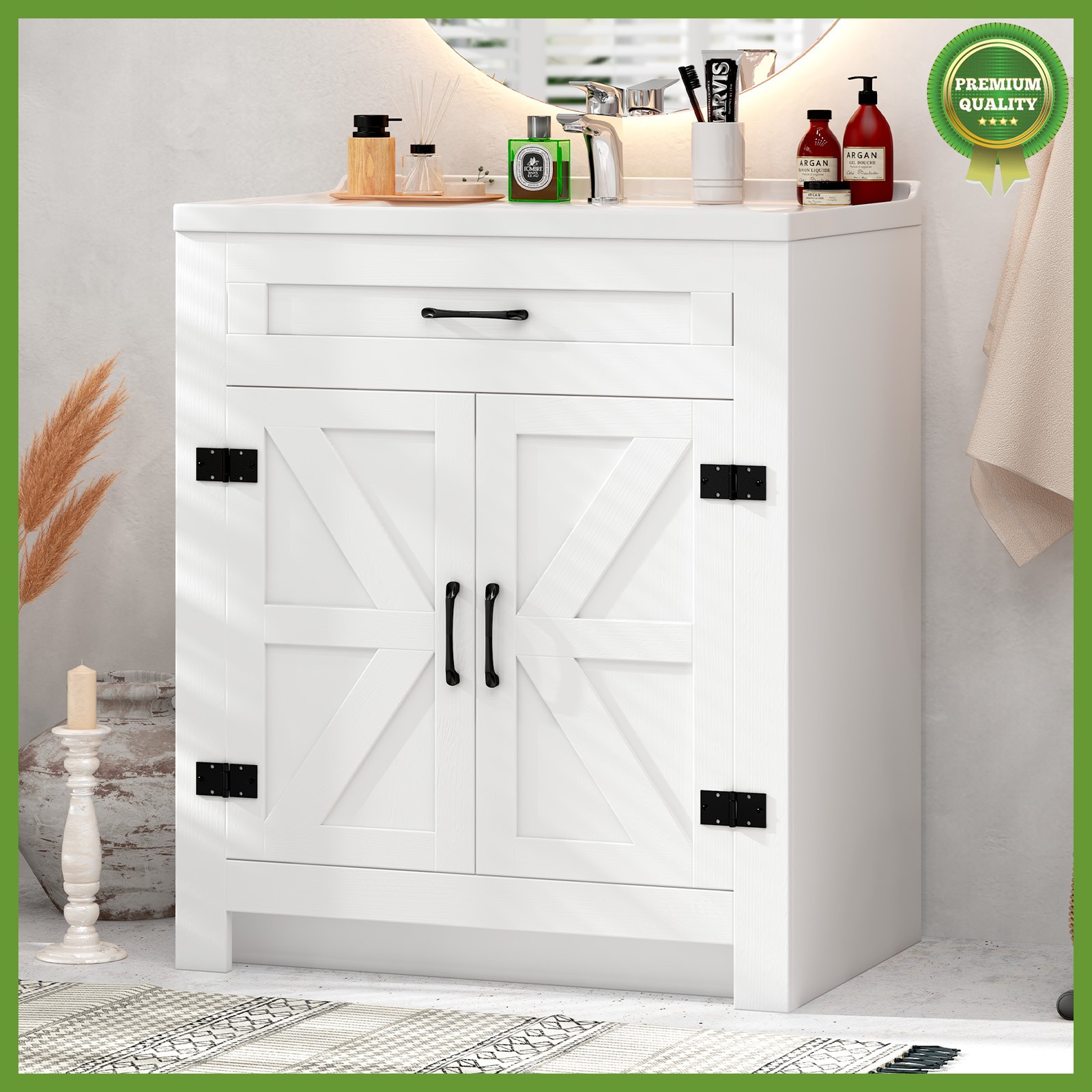 31” White Wood Bathroom Vanity Combo with Drop in Ceramic Sink Storage Cabinet