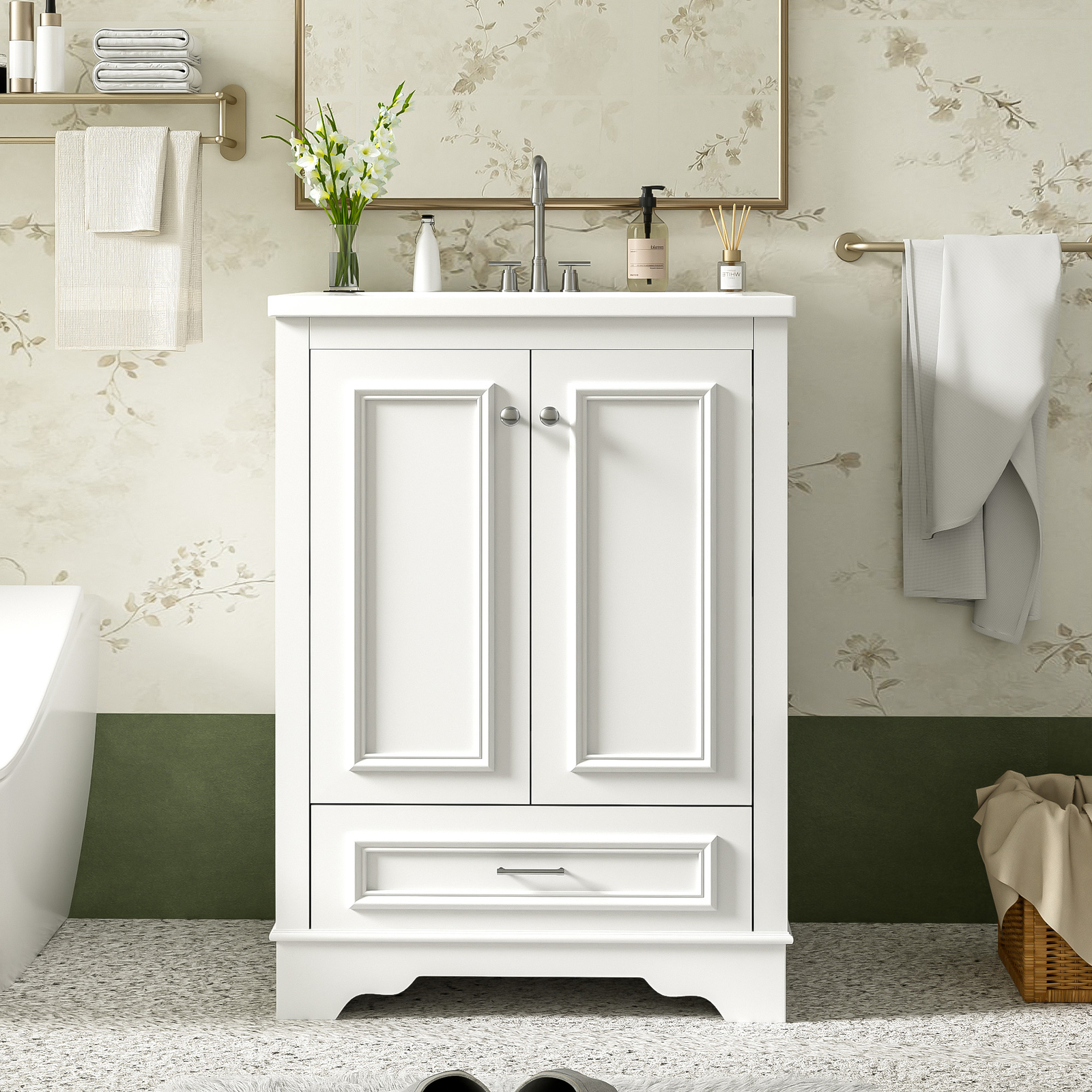24” Bathroom Vanity w/Ceramic Sink Combo, Modern Freestanding Storage Cabinet