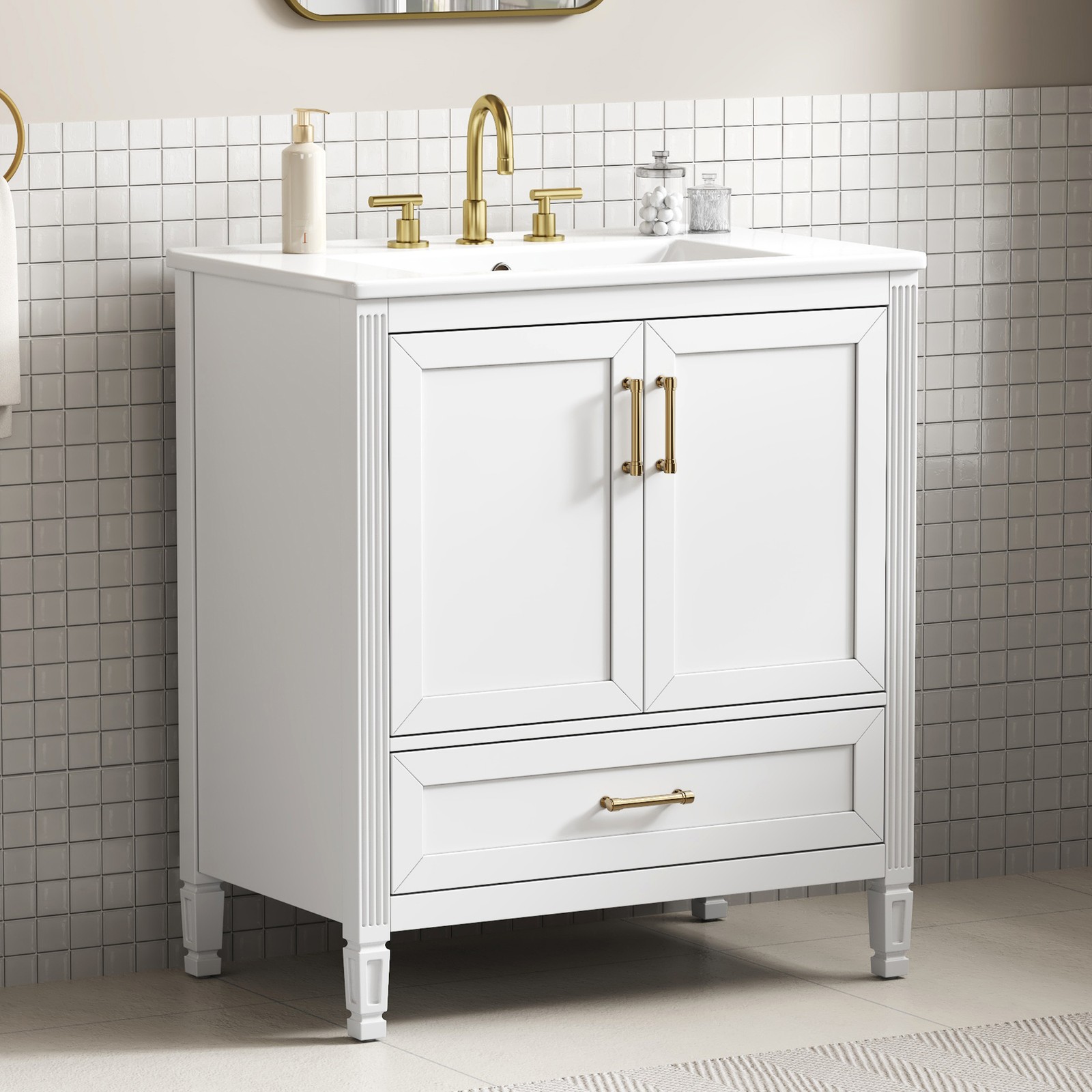 30″ White Fluted Bathroom Vanity with Ceramic Sink, Soft-Close
