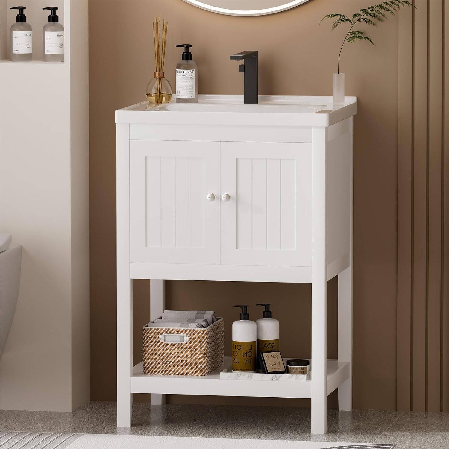 24 Inch Bathroom Vanity with Sink, Bathroom Sink Cabinet with 2 Doors and 1 Open
