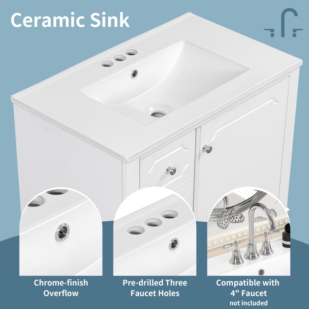 30″Bathroom Vanity with Sink Freestanding White Vanity Cabinetwith Ceramic Basin