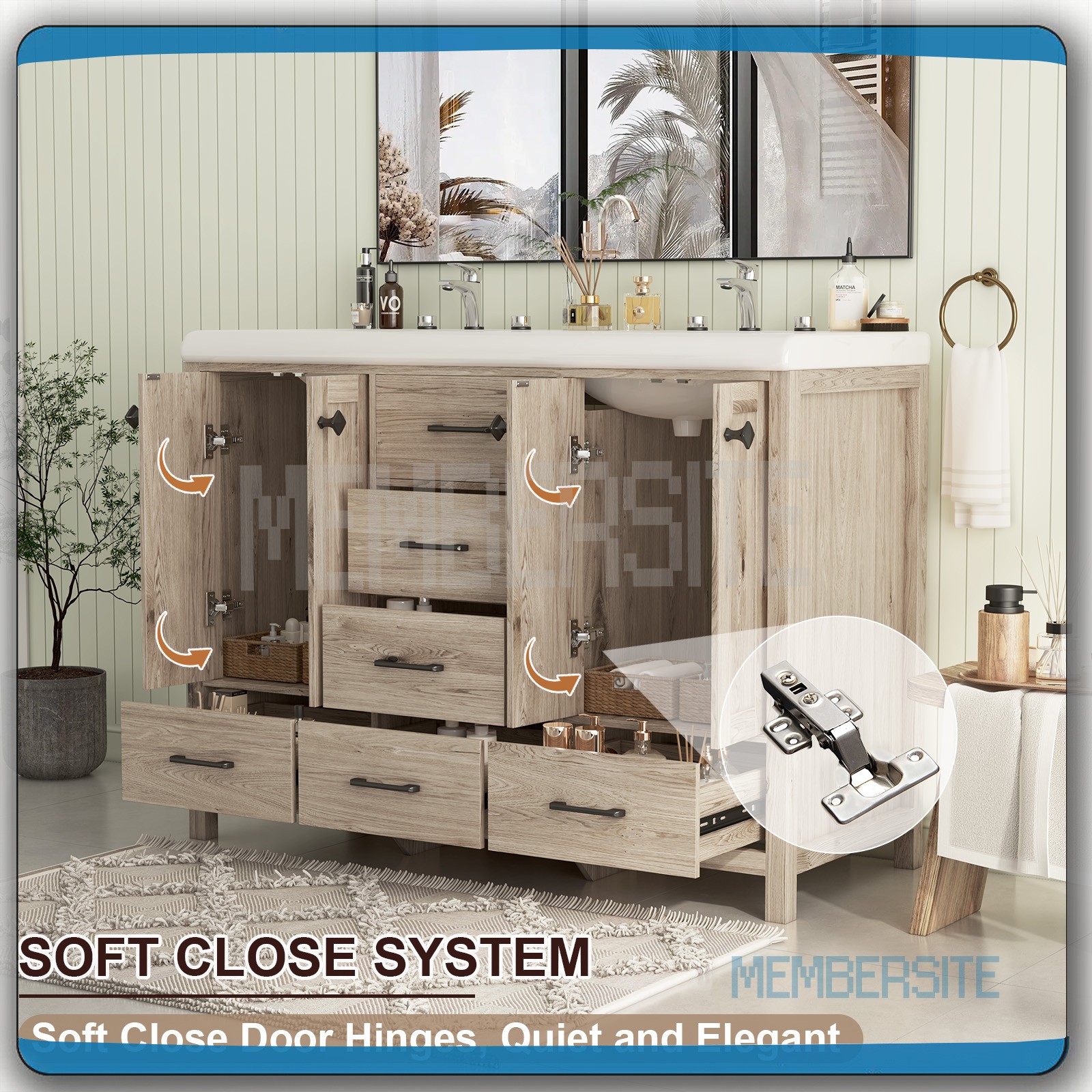Bathroom Vanity ,47.3″ Vanity Top w/2 Ceramic Sinks ,5 Drawers Freestanding NEW